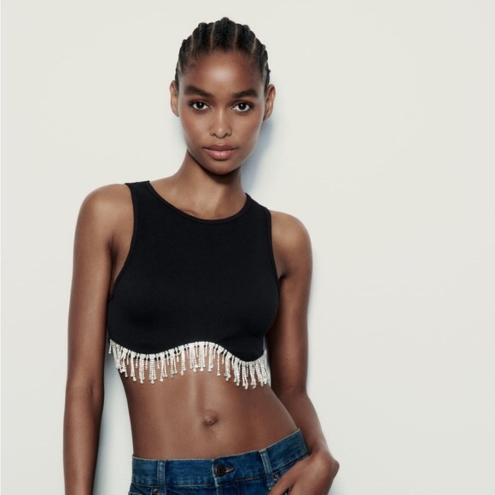 ✨ Black Sleeveless Top with Rhinestones Fringe Detail ✨